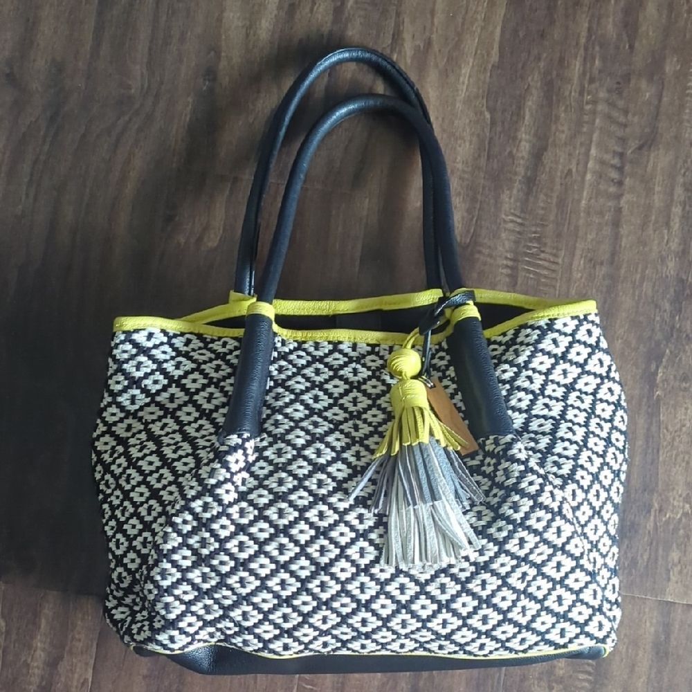 Vince Camuto Black and White Tote with Yellow Accents
